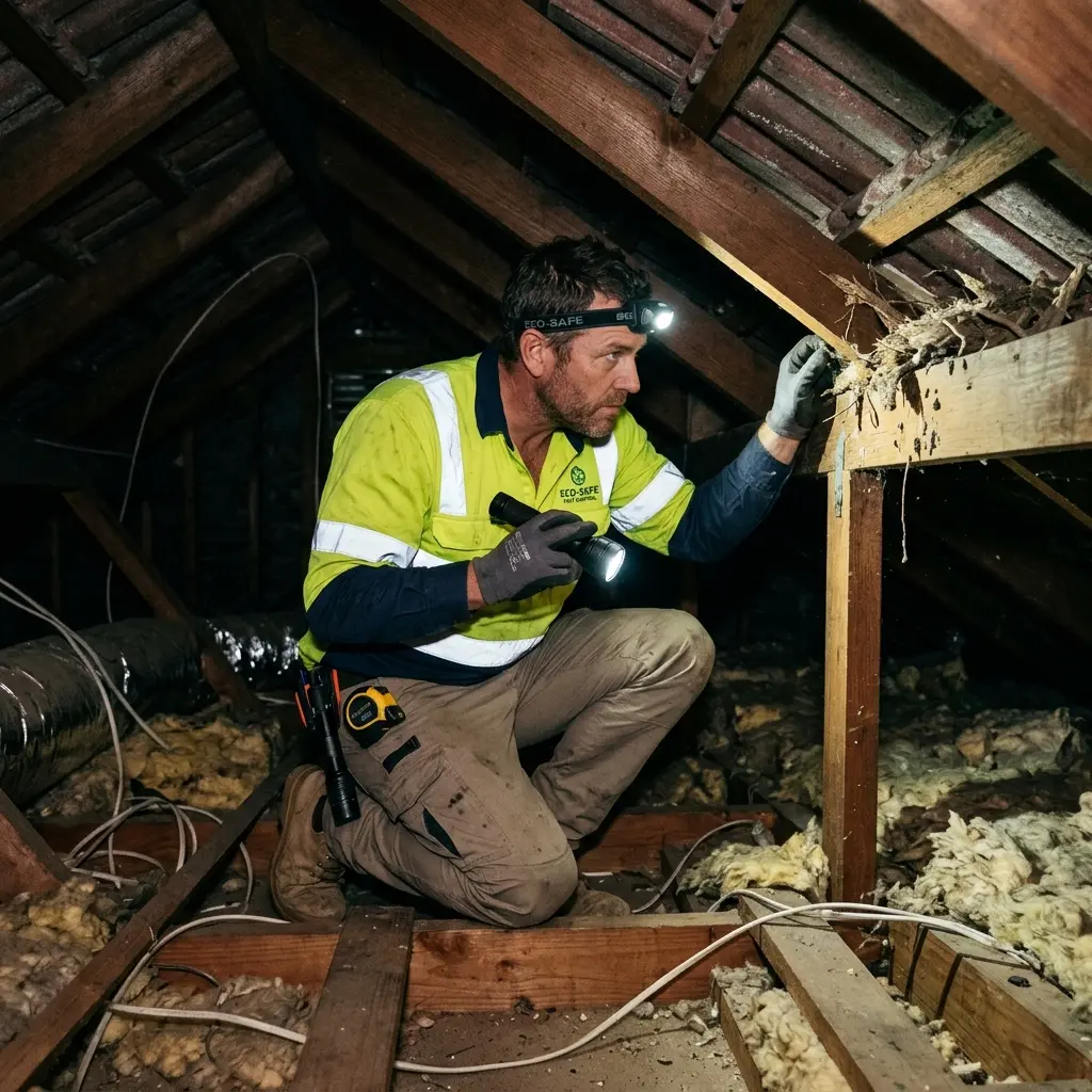 Technician inspecting a roof cavity for a dead animal in Smythes Creek