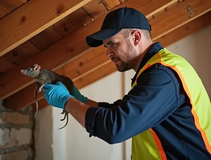 Technician inspecting a roof cavity for a dead rat in Smythes Creek